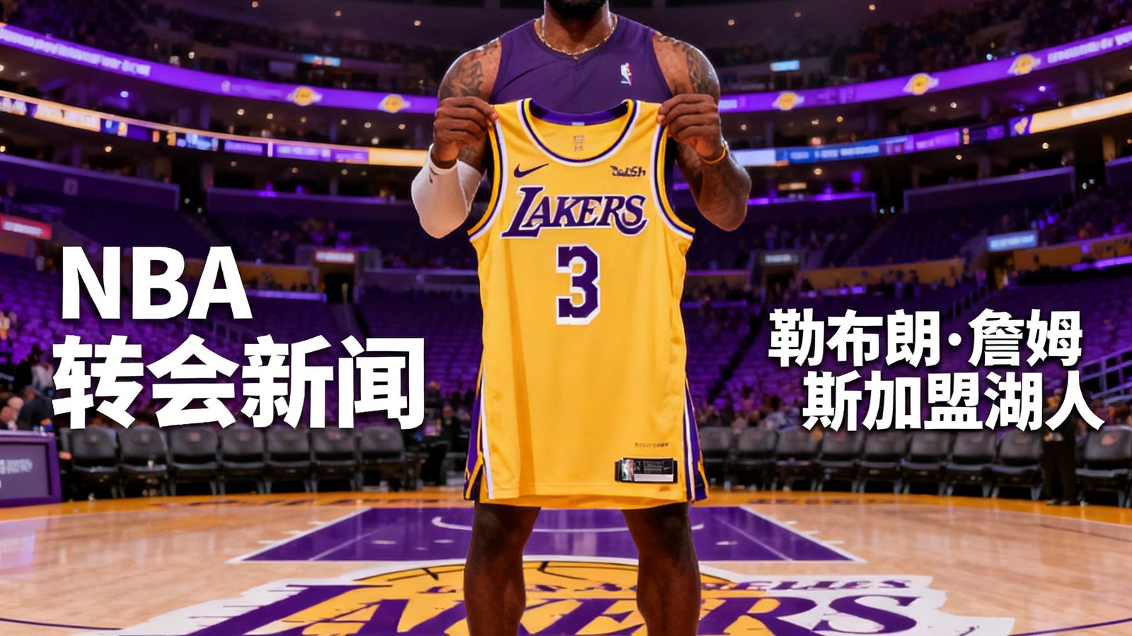 NBA转会新闻封面图，勒布朗·詹姆斯在新闻发布会上展示湖人队新赛季球衣，笑容自信